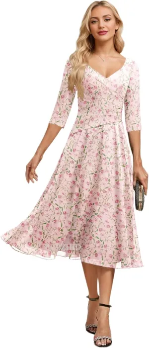 Tea Length Mother of The Bride Dresses for Women Ruched Chiffon Mother of The Groom Dress for Wedding with Sleeve