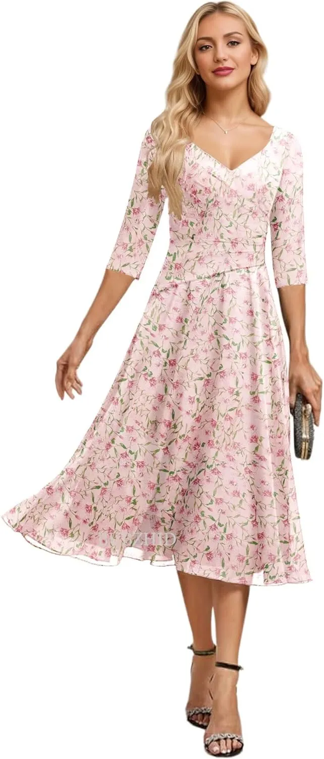 Tea Length Mother of The Bride Dresses for Women Ruched Chiffon Mother of The Groom Dress for Wedding with Sleeve