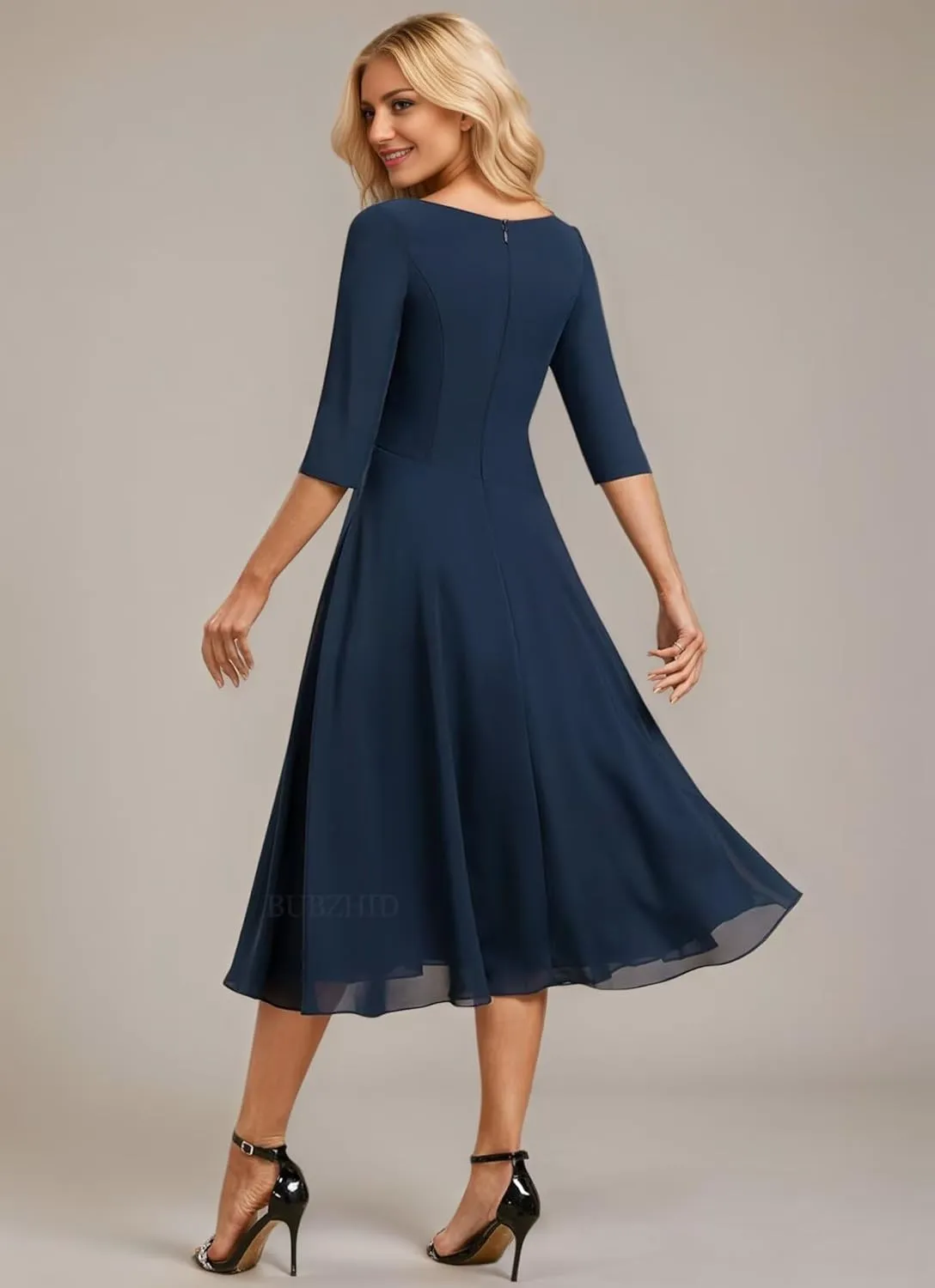 Tea Length Mother of The Bride Dresses for Women Ruched Chiffon Mother of The Groom Dress for Wedding with Sleeve