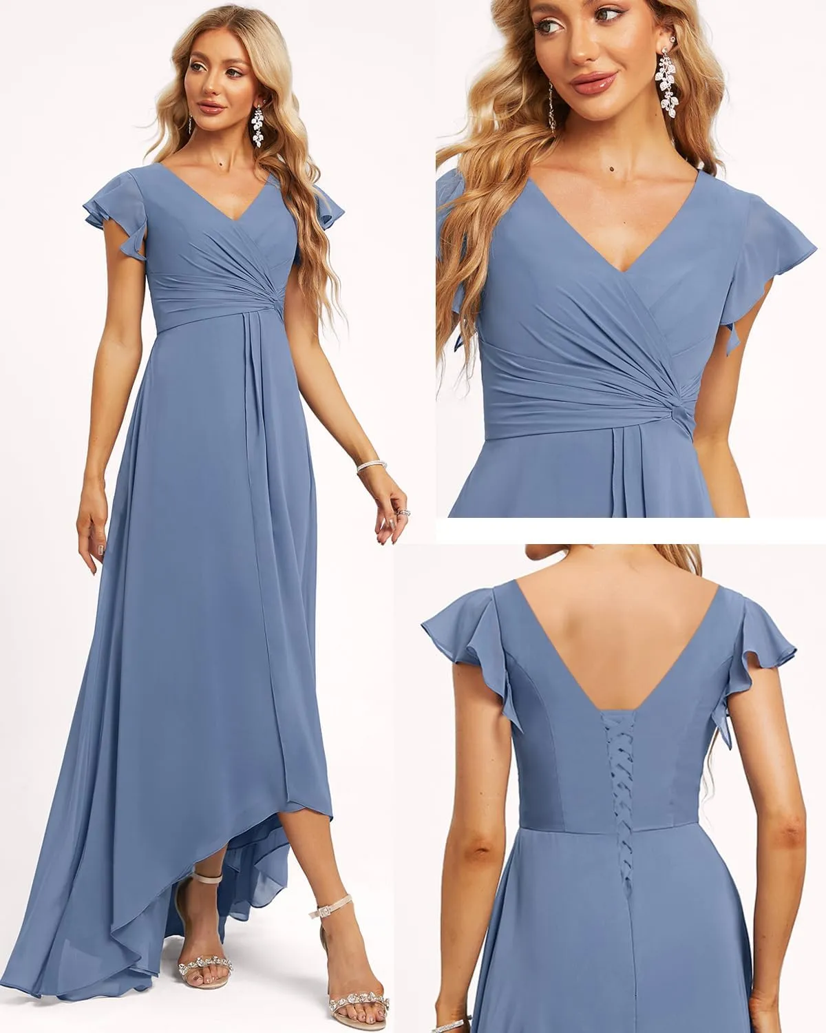 Ternlm Flutter Cap Sleeve Bridesmaid Dress V Neck Pleated Formal Dress Asymmetrical Floor Length Formal Party Gown TN056