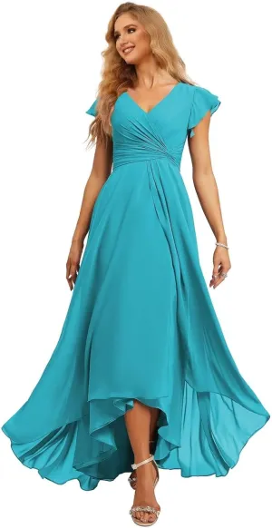 Ternlm Flutter Cap Sleeve Bridesmaid Dress V Neck Pleated Formal Dress Asymmetrical Floor Length Formal Party Gown TN056