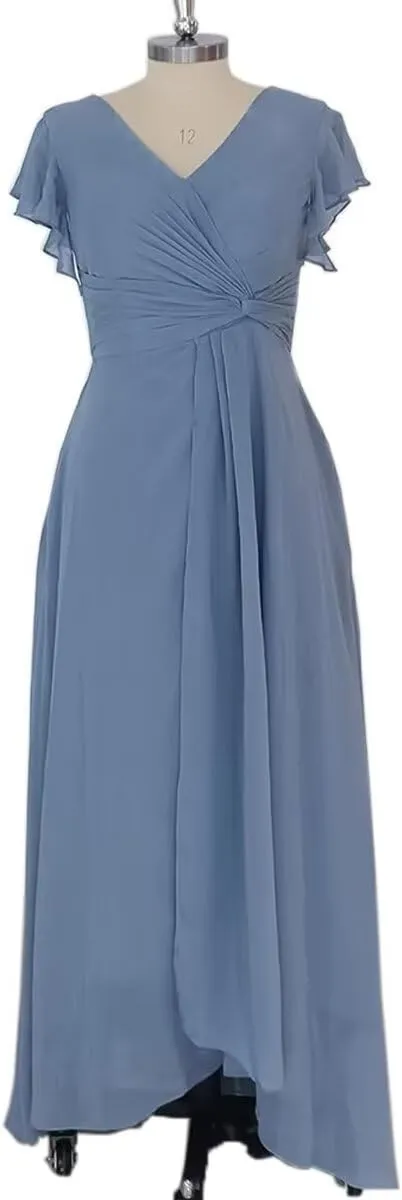 Ternlm Flutter Cap Sleeve Bridesmaid Dress V Neck Pleated Formal Dress Asymmetrical Floor Length Formal Party Gown TN056