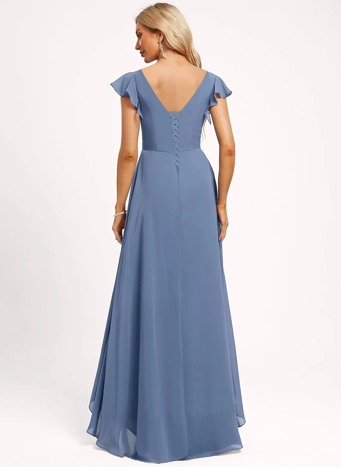 Ternlm Flutter Cap Sleeve Bridesmaid Dress V Neck Pleated Formal Dress Asymmetrical Floor Length Formal Party Gown TN056