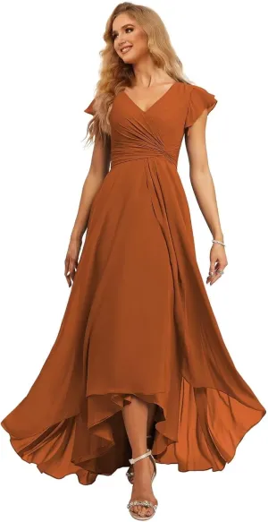 Ternlm Flutter Cap Sleeve Bridesmaid Dress V Neck Pleated Formal Dress Asymmetrical Floor Length Formal Party Gown TN056