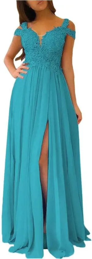 TRHTX Women's Chiffon Bridesmaid Dresses Long Cold Shoulder Formal Evening Gowns with Slit Lace Bodice Prom Party Dresses