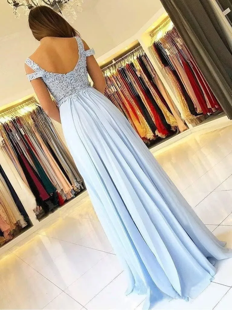 TRHTX Women's Chiffon Bridesmaid Dresses Long Cold Shoulder Formal Evening Gowns with Slit Lace Bodice Prom Party Dresses