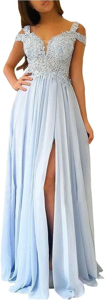 TRHTX Women's Chiffon Bridesmaid Dresses Long Cold Shoulder Formal Evening Gowns with Slit Lace Bodice Prom Party Dresses