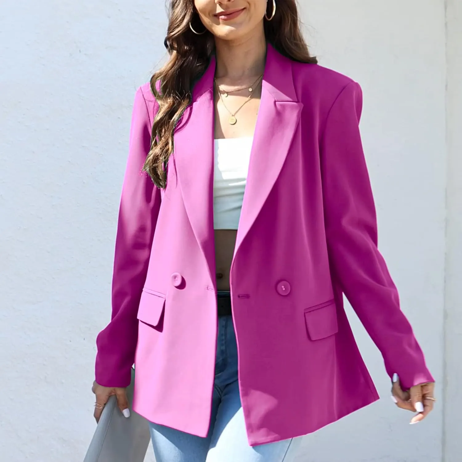 TRNY Women's Oversized Double-Breasted Suit Blazer Jacket Long Sleeve Casual Boyfriend Style Work Office Blazer with Pockets