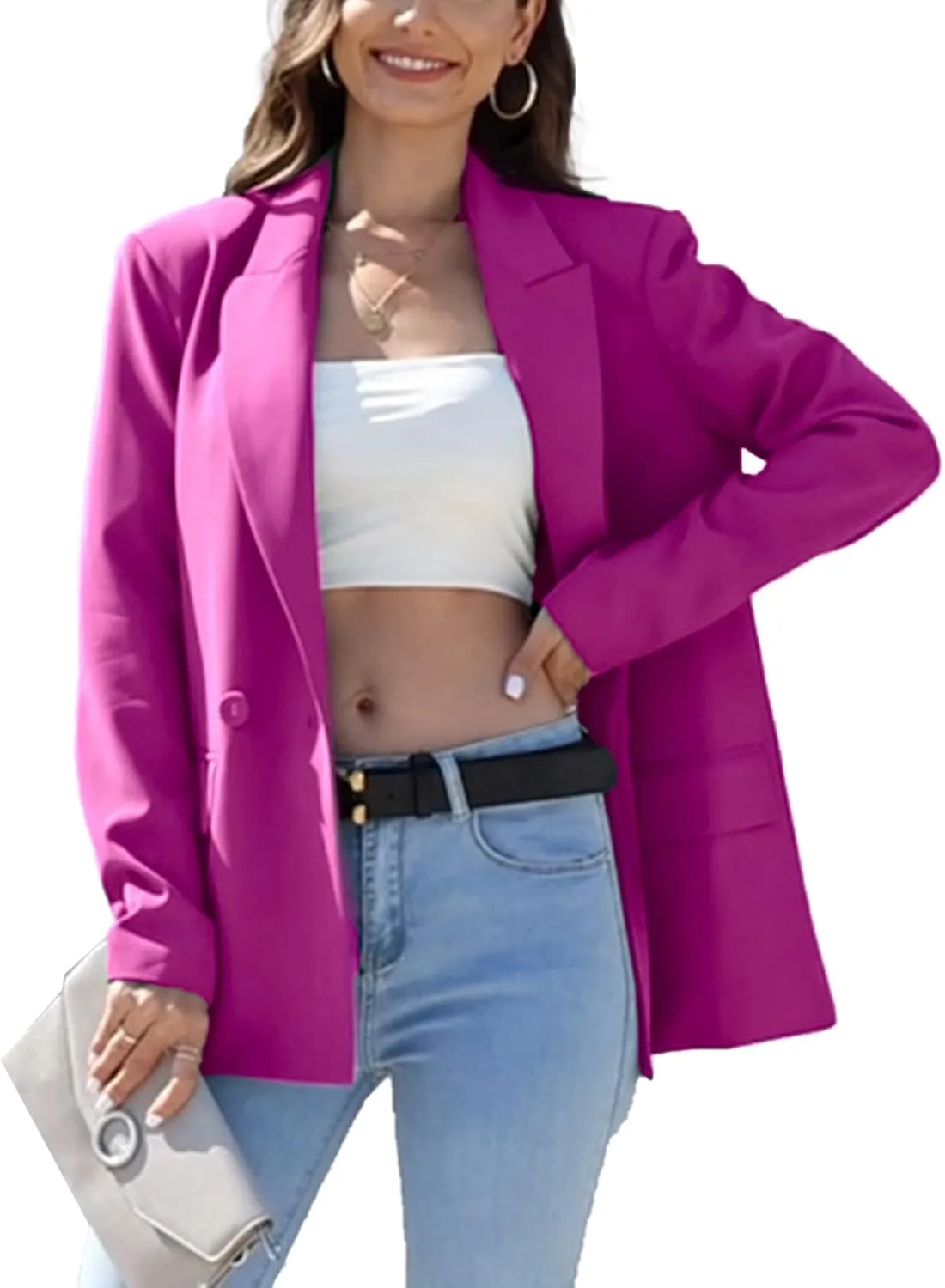 TRNY Women's Oversized Double-Breasted Suit Blazer Jacket Long Sleeve Casual Boyfriend Style Work Office Blazer with Pockets