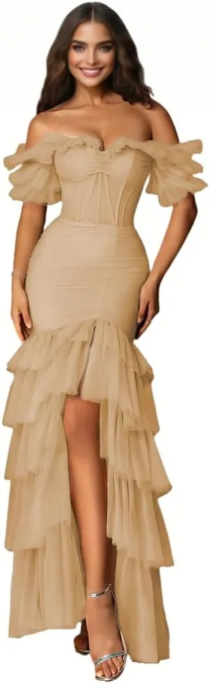 Tulle Tiered Prom Dress for Women with Slit Off Shoulder Ball Gown Bodycon Mermaid Long Formal Evening Dresses