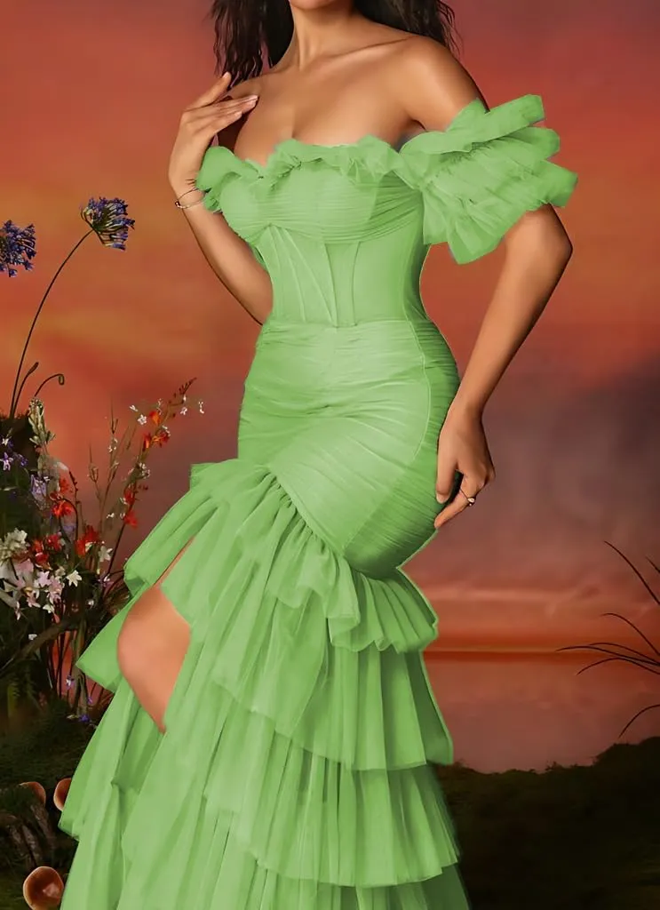 Tulle Tiered Prom Dress for Women with Slit Off Shoulder Ball Gown Bodycon Mermaid Long Formal Evening Dresses