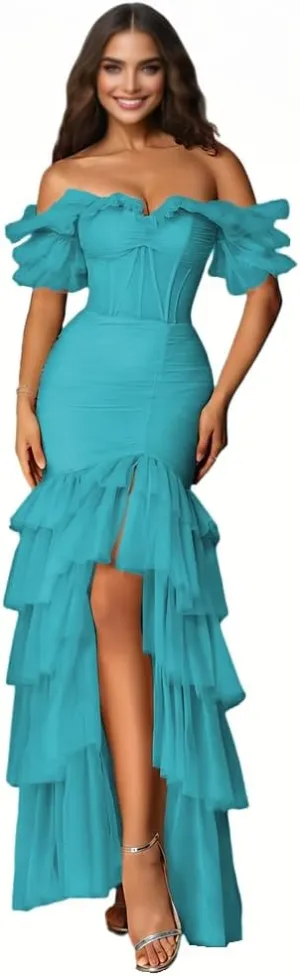 Tulle Tiered Prom Dress for Women with Slit Off Shoulder Ball Gown Bodycon Mermaid Long Formal Evening Dresses
