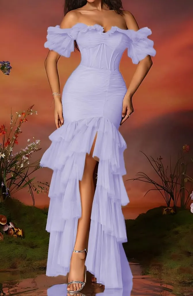 Tulle Tiered Prom Dress for Women with Slit Off Shoulder Ball Gown Bodycon Mermaid Long Formal Evening Dresses