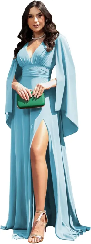 V-Neck Bridesmaid Dresses with Cape Long Chiffon Prom Dresses 2024 Ruched Wedding Guest for Women