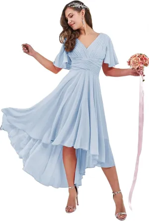 V Neck High Low Bridesmaid Dresses for Women Flutter Sleeves Chiffon Formal Evening Party Gown with Pockets