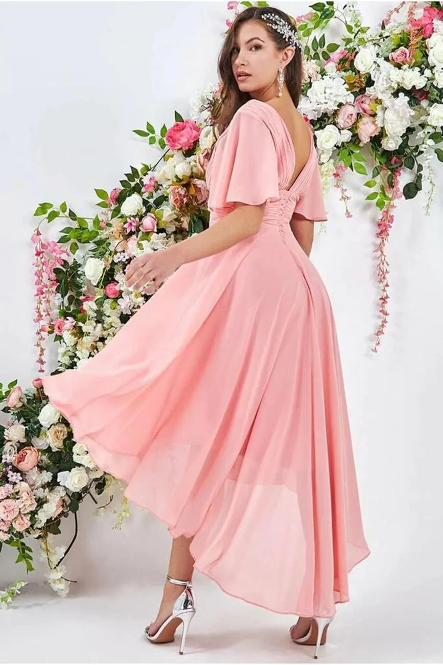 V Neck High Low Bridesmaid Dresses for Women Flutter Sleeves Chiffon Formal Evening Party Gown with Pockets