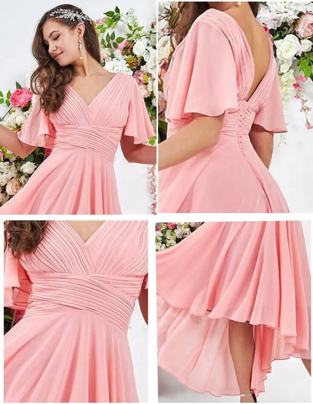 V Neck High Low Bridesmaid Dresses for Women Flutter Sleeves Chiffon Formal Evening Party Gown with Pockets