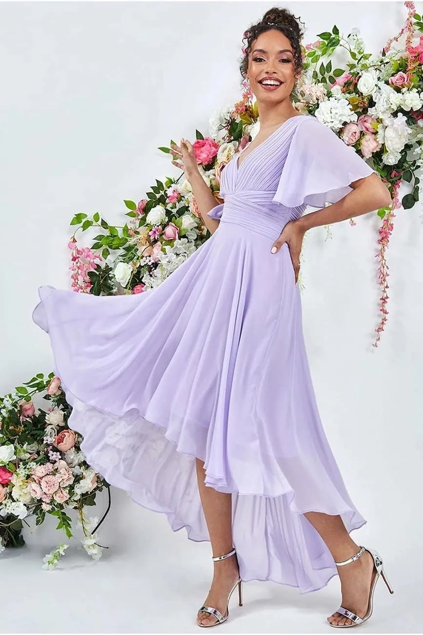 V Neck High Low Bridesmaid Dresses for Women Flutter Sleeves Chiffon Formal Evening Party Gown with Pockets