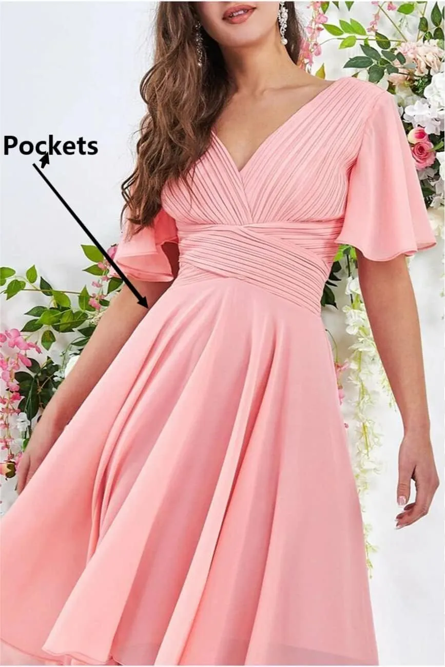 V Neck High Low Bridesmaid Dresses for Women Flutter Sleeves Chiffon Formal Evening Party Gown with Pockets