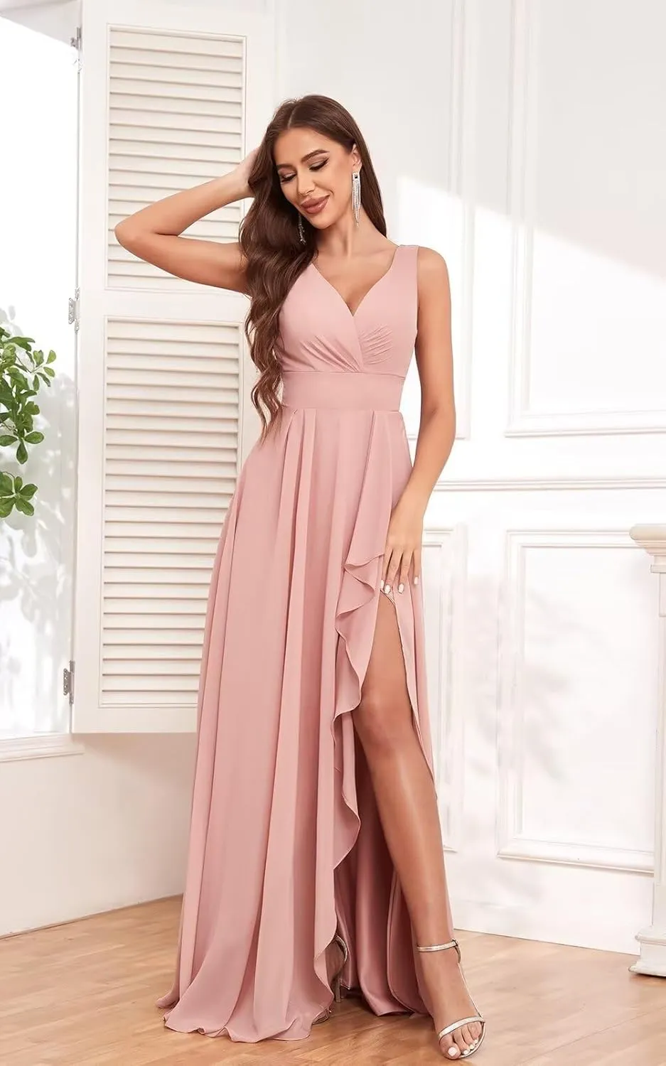 V-Neck Ruched Chiffon Bridesmaid Dress A-Line Evening Gown with Slit Formal Wedding Party Dresses for Women