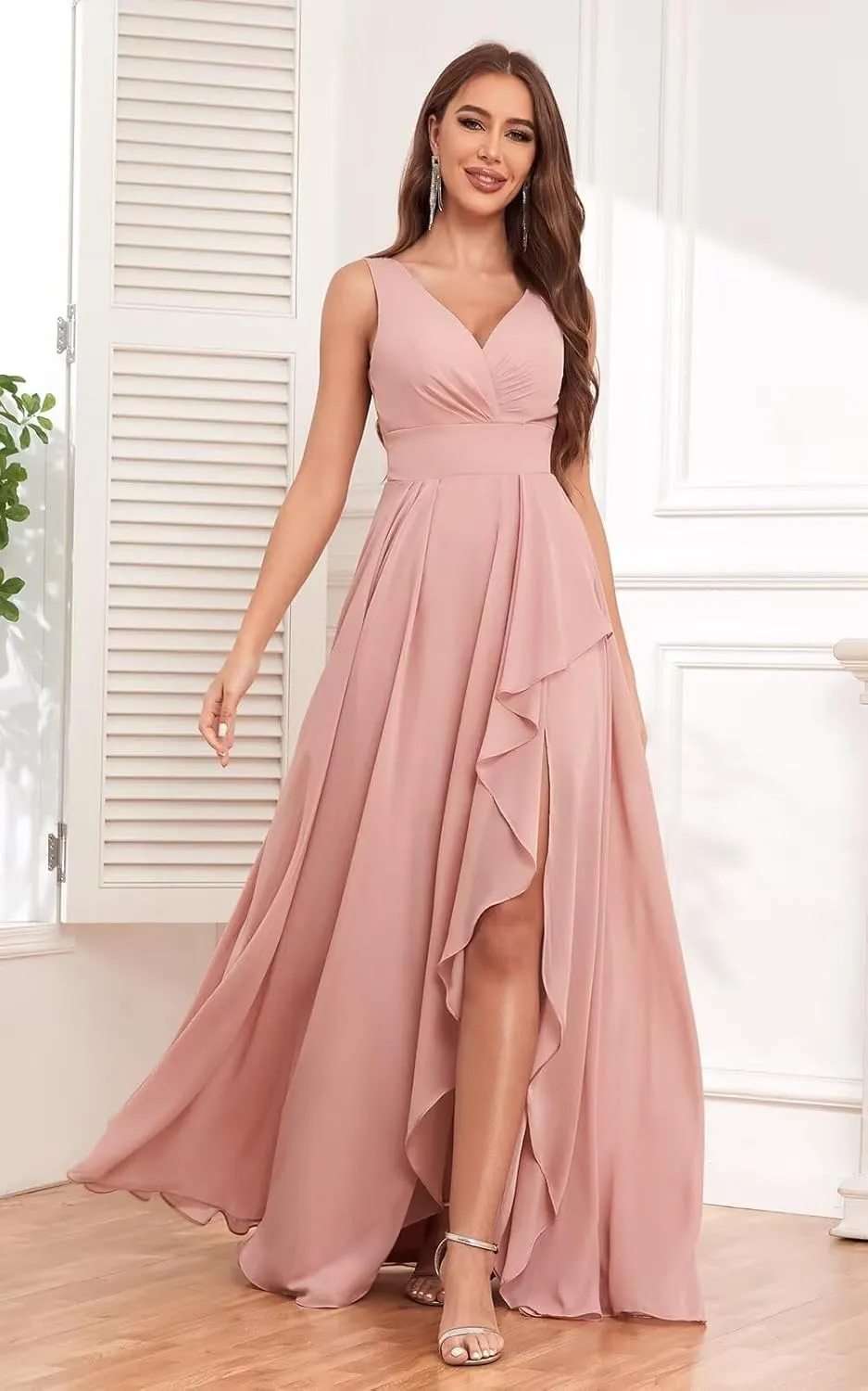 V-Neck Ruched Chiffon Bridesmaid Dress A-Line Evening Gown with Slit Formal Wedding Party Dresses for Women
