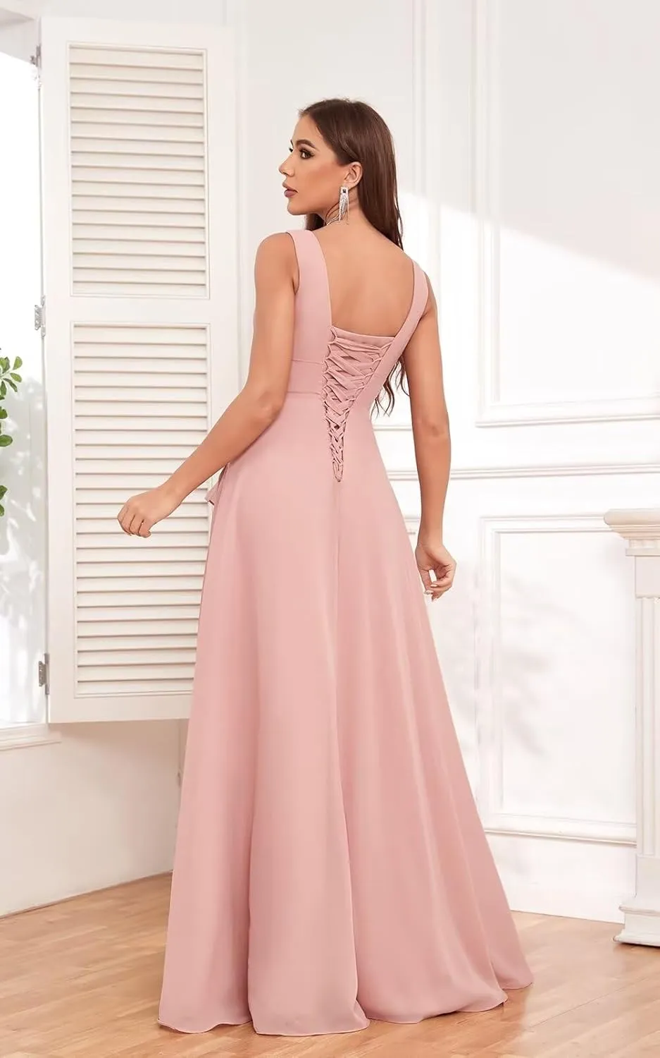V-Neck Ruched Chiffon Bridesmaid Dress A-Line Evening Gown with Slit Formal Wedding Party Dresses for Women