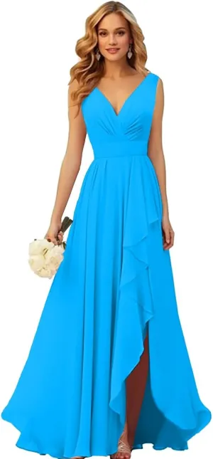 V-Neck Ruched Chiffon Bridesmaid Dress A-Line Evening Gown with Slit Formal Wedding Party Dresses for Women