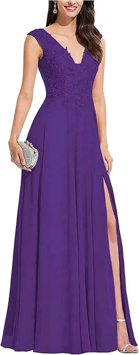 V Neck Sleeveless Formal Prom Dress for Party Lace Appliques Chiffon Evening Dress with Slit for Women Grape US22W
