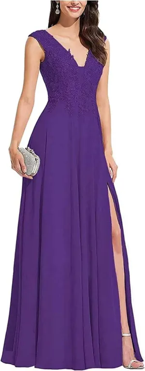 V Neck Sleeveless Formal Prom Dress for Party Lace Appliques Chiffon Evening Dress with Slit for Women Grape US22W