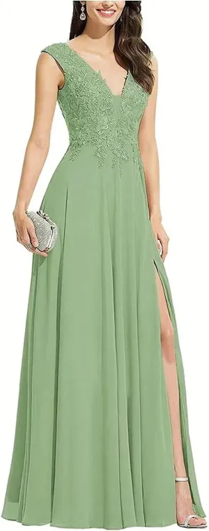 V Neck Sleeveless Formal Prom Dress for Party Lace Appliques Chiffon Evening Dress with Slit for Women Sage US18W