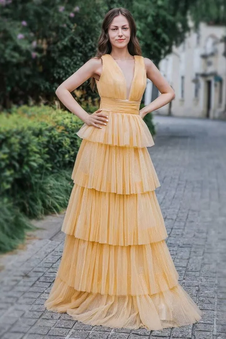 V Neck Tulle Prom Dresses Long Women's Layered Ball Gown Corset A line Formal Gown for Evening Party