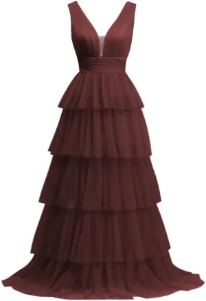 V Neck Tulle Prom Dresses Long Women's Layered Ball Gown Corset A line Formal Gown for Evening Party