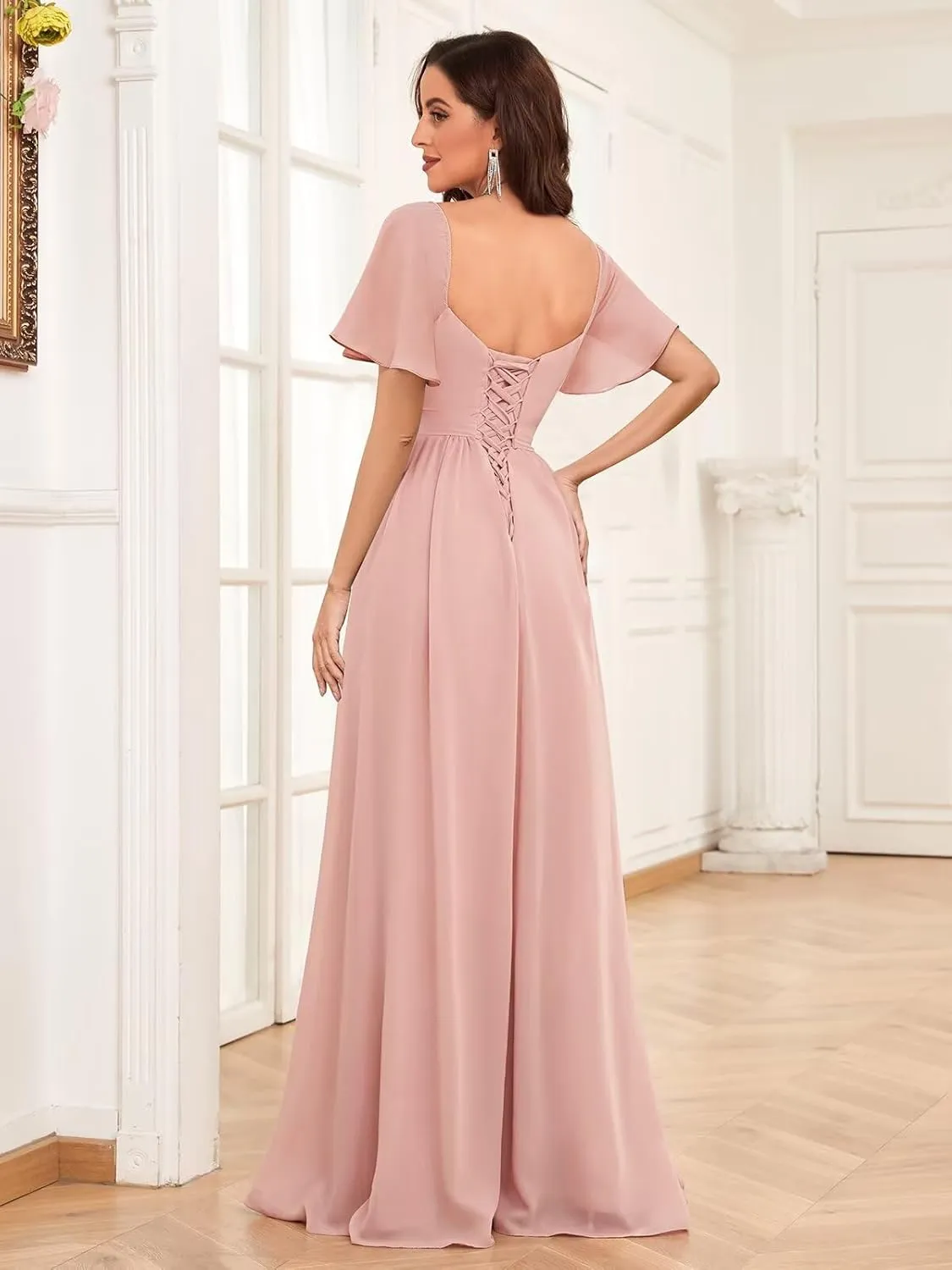 VCCICANY Women's Short Sleeve Bridesmaid Dresses for Wedding Pleated Chiffon A Line Long Formal Gown with Slit