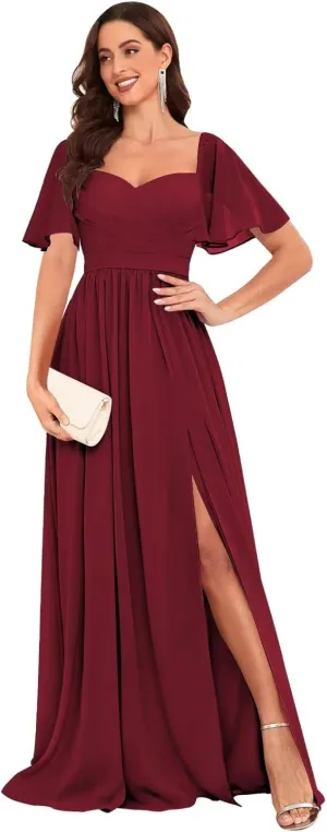 VCCICANY Women's Short Sleeve Bridesmaid Dresses for Wedding Pleated Chiffon A Line Long Formal Gown with Slit