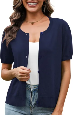 VIISHOW Women's Summer Lightweight Short Sleeve Cardigan Crochet Knit Shrug Open Front Crew Neck Button Up Casual Tops