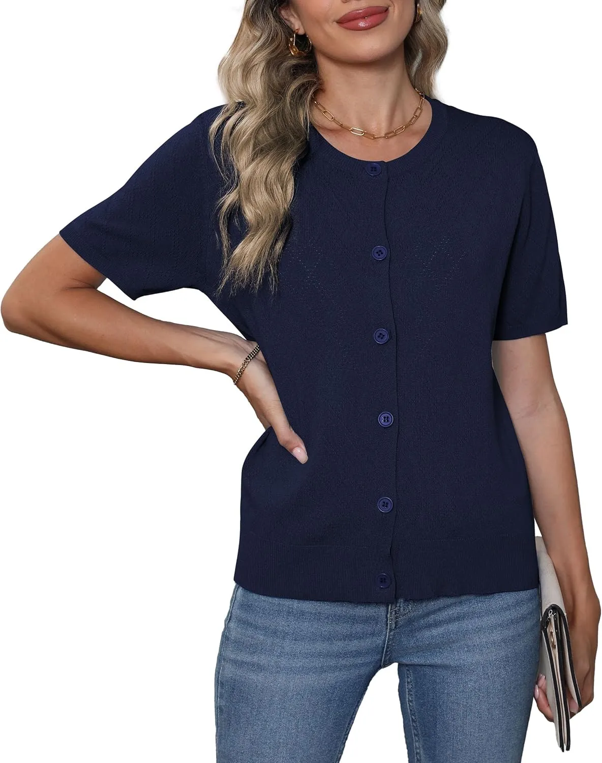 VIISHOW Women's Summer Lightweight Short Sleeve Cardigan Crochet Knit Shrug Open Front Crew Neck Button Up Casual Tops