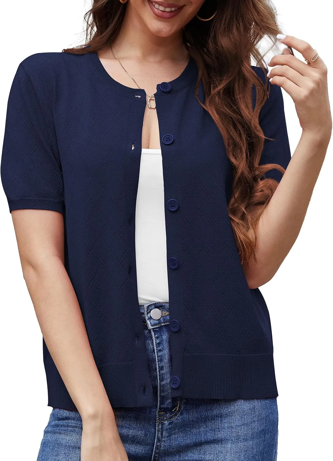 VIISHOW Women's Summer Lightweight Short Sleeve Cardigan Crochet Knit Shrug Open Front Crew Neck Button Up Casual Tops