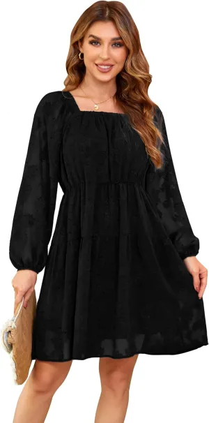 VintageClothing Spring Babydoll Dresses for Women 2024 Casual Square Neck Mini Babydoll Dress A-Line Flowy Short Dress