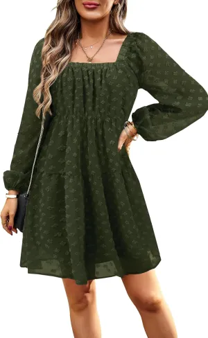 VintageClothing Spring Babydoll Dresses for Women 2024 Casual Square Neck Mini Babydoll Dress A-Line Flowy Short Dress