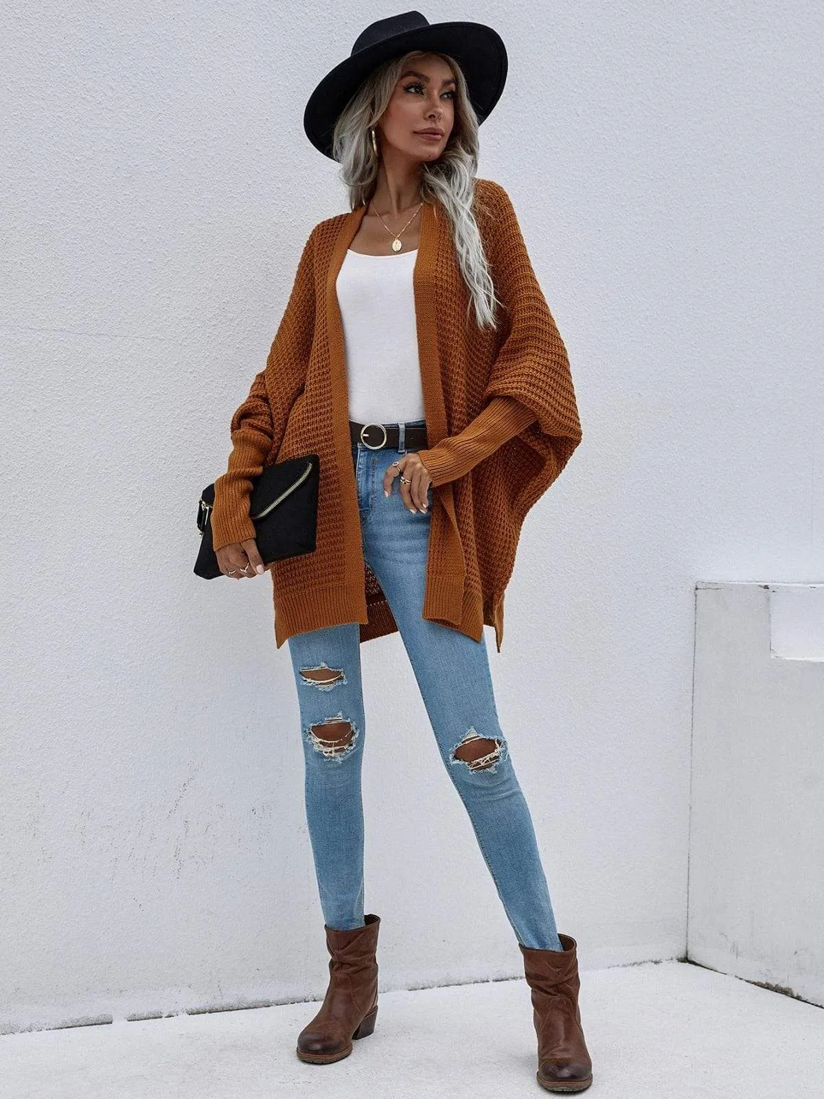 Waffle Knit Open Front Cardigan Sweater