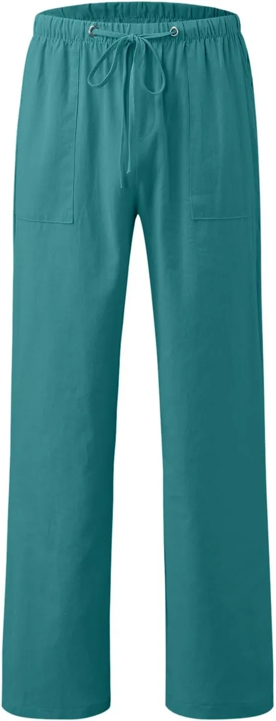 White Linen Pants Men Drawstring Slim Fit Yoga Pants Casual Vintage Lightweight Comfortable Trousers with Pockets