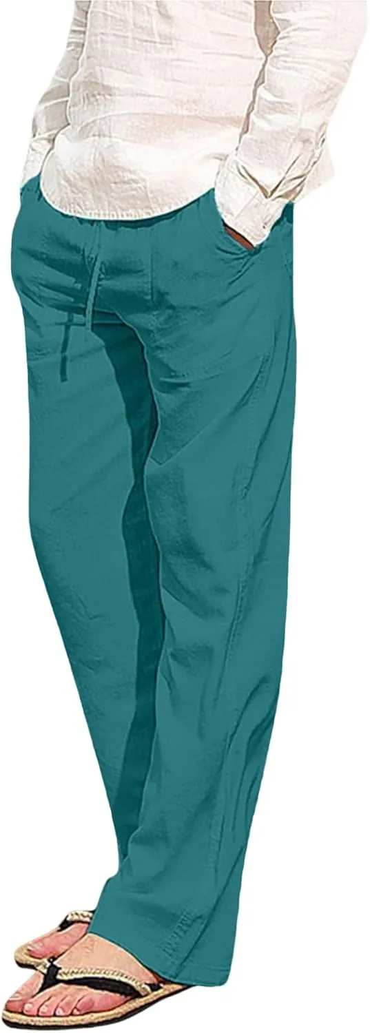 White Linen Pants Men Drawstring Slim Fit Yoga Pants Casual Vintage Lightweight Comfortable Trousers with Pockets