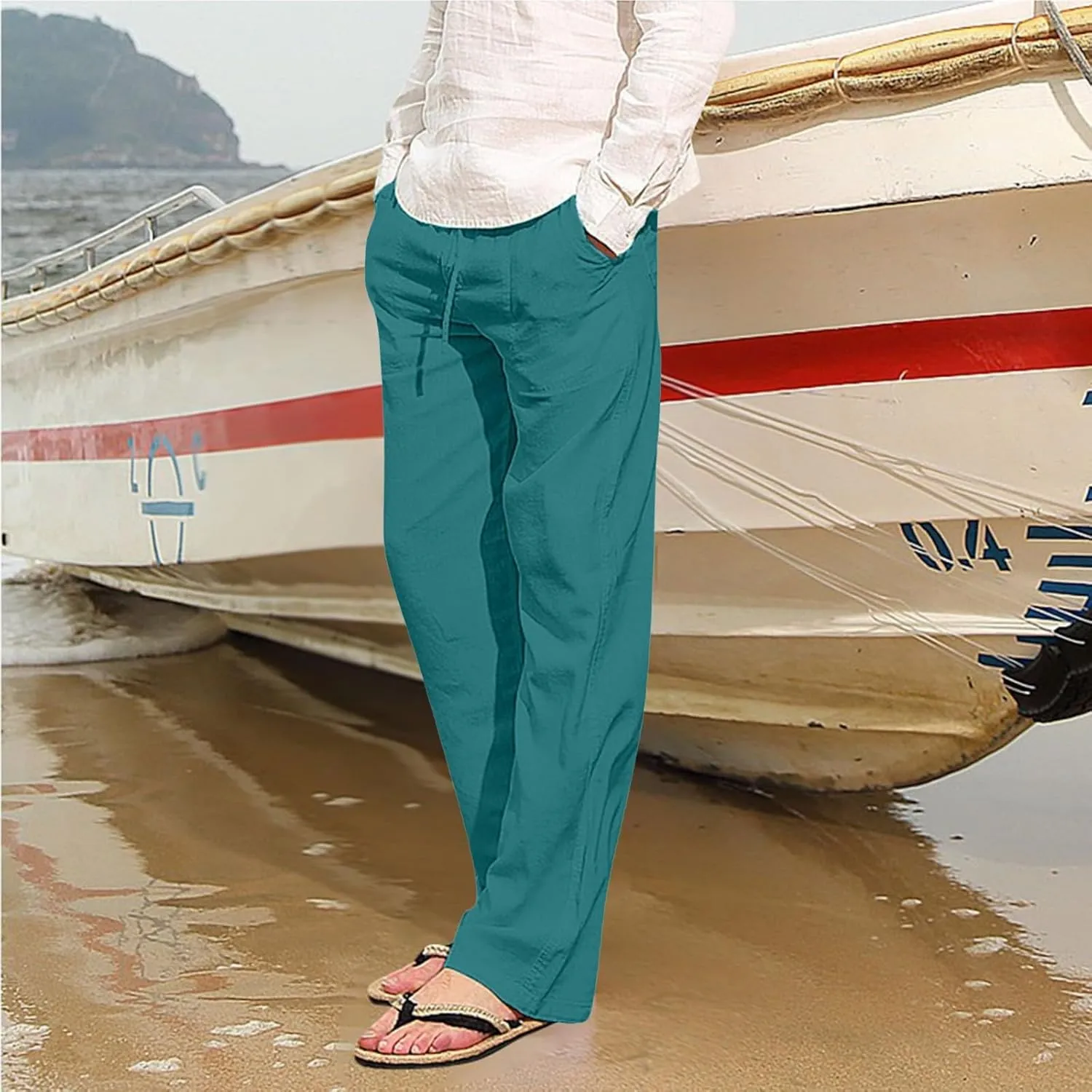 White Linen Pants Men Drawstring Slim Fit Yoga Pants Casual Vintage Lightweight Comfortable Trousers with Pockets
