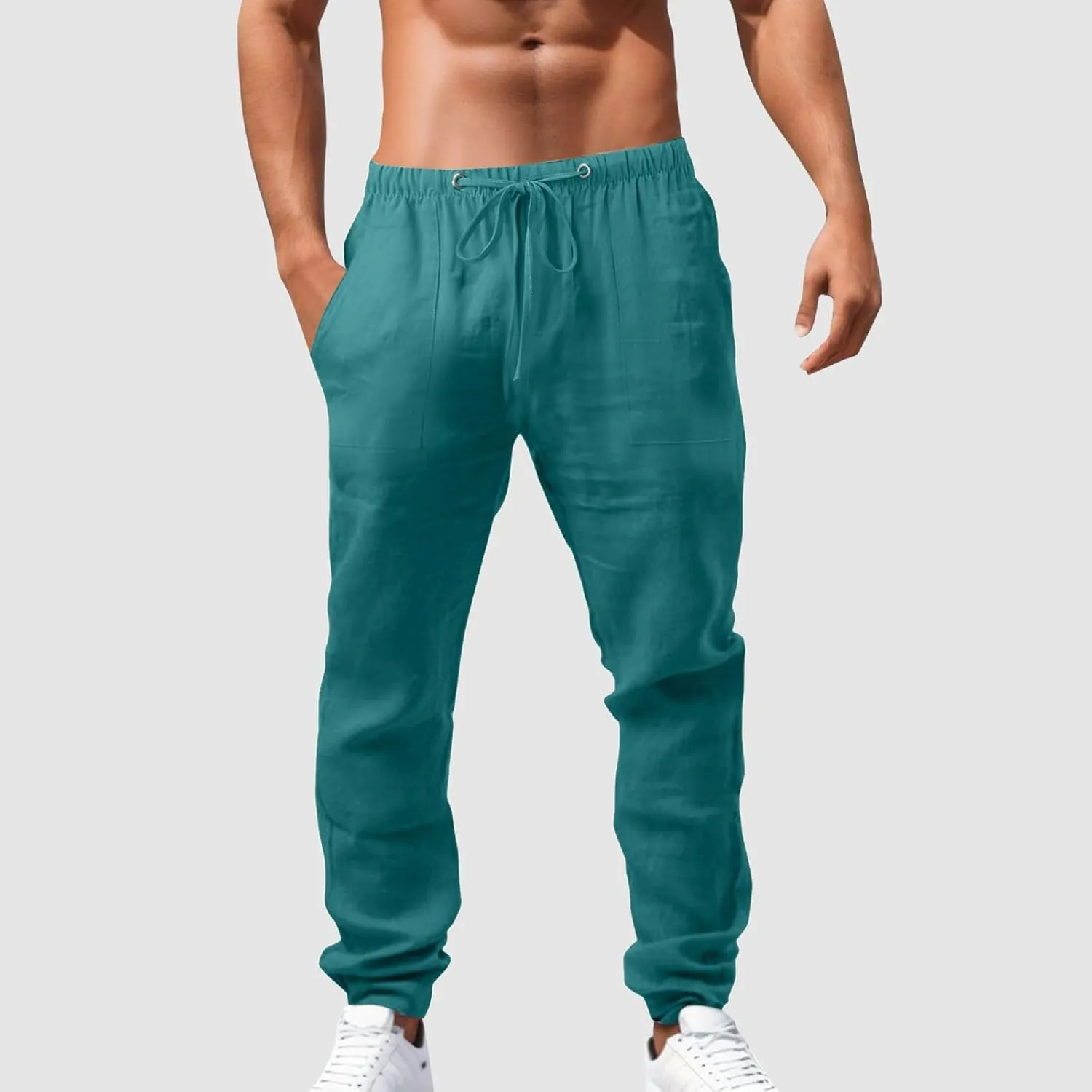 White Linen Pants Men Drawstring Slim Fit Yoga Pants Casual Vintage Lightweight Comfortable Trousers with Pockets