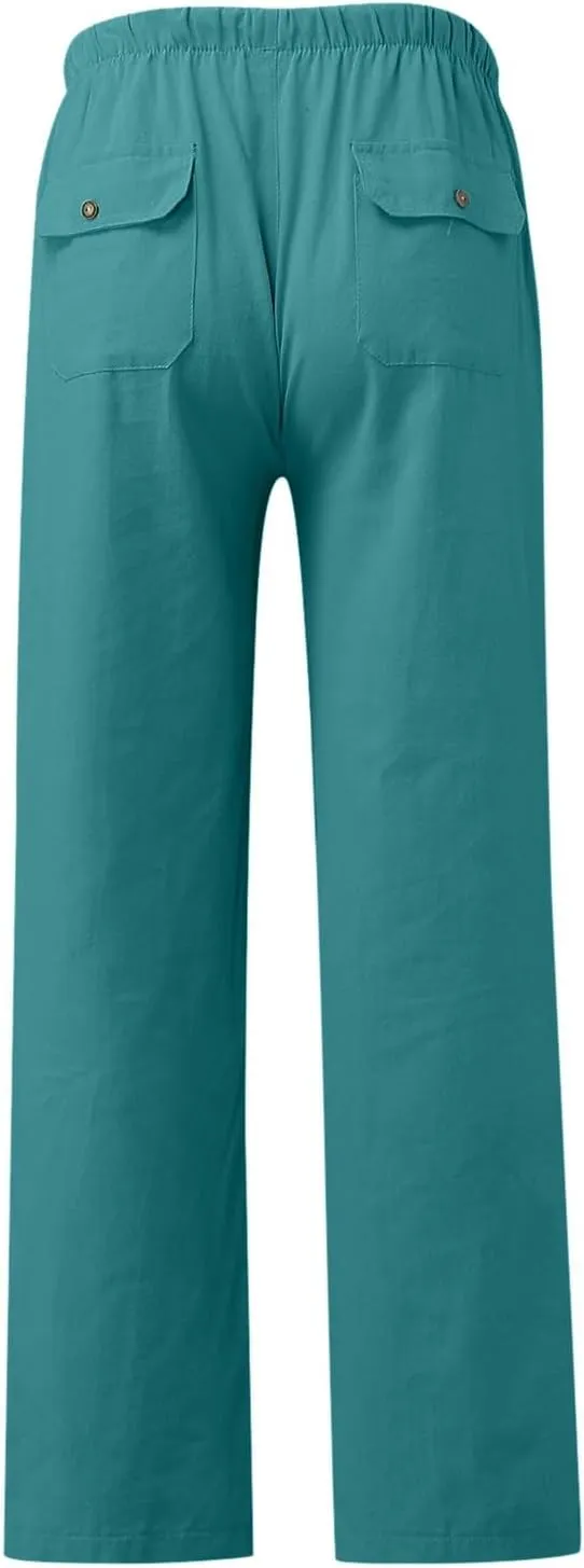 White Linen Pants Men Drawstring Slim Fit Yoga Pants Casual Vintage Lightweight Comfortable Trousers with Pockets