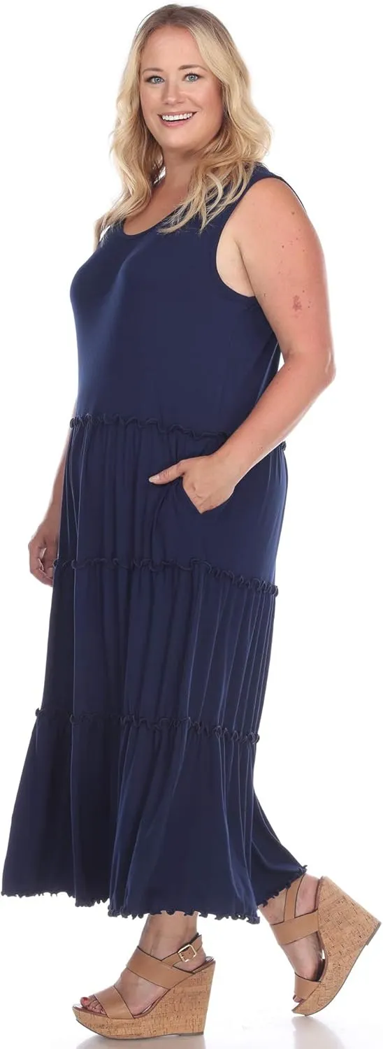 white mark Women's Plus Size Scoop Neck Tiered Midi Dress
