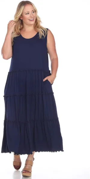 white mark Women's Plus Size Scoop Neck Tiered Midi Dress