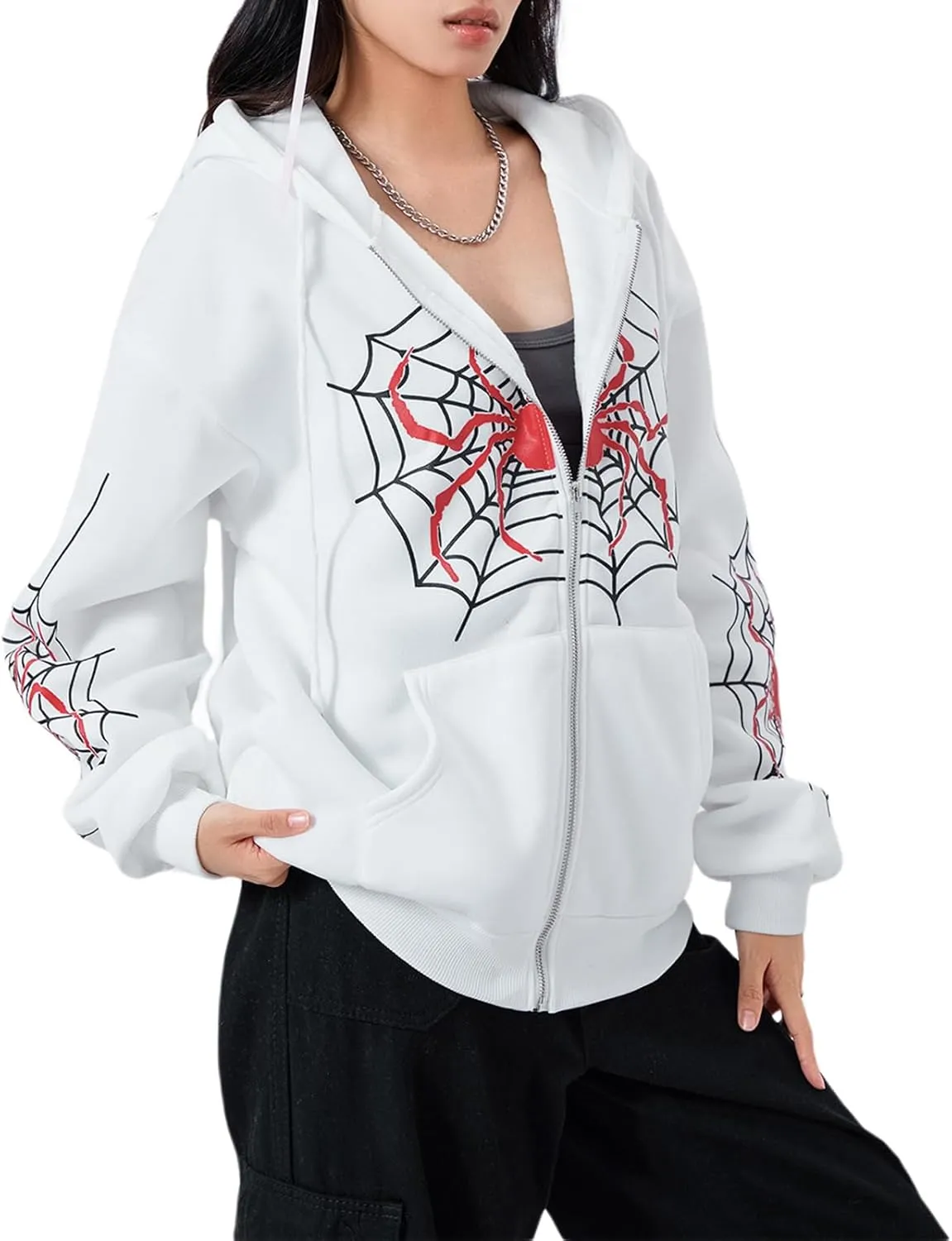 Winioder Women Y2K Spider Zip Up Hoodie Jacket Punk Goth Grunge Aesthetic Oversized Hoodies Vintage Graphic Sweatshirt