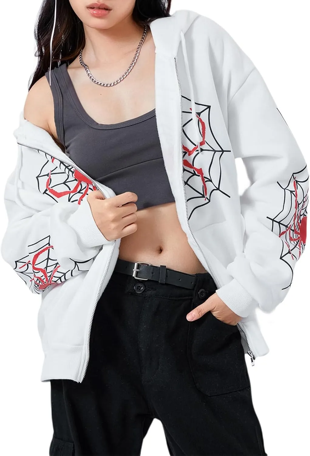 Winioder Women Y2K Spider Zip Up Hoodie Jacket Punk Goth Grunge Aesthetic Oversized Hoodies Vintage Graphic Sweatshirt