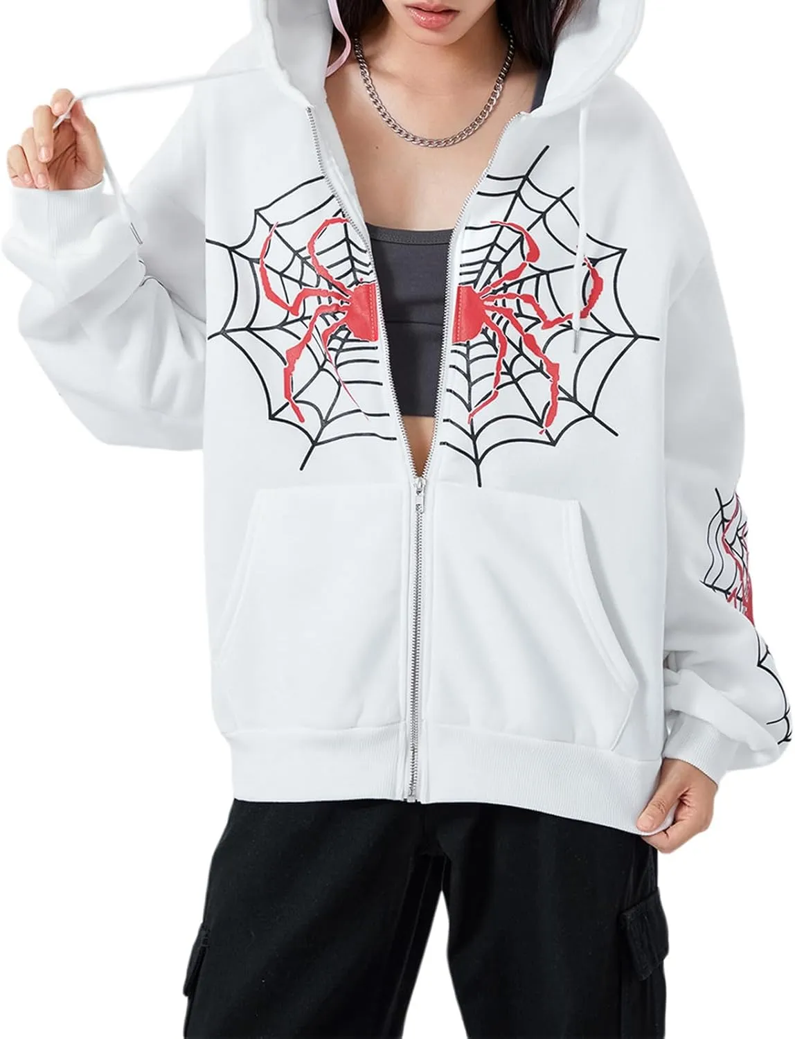 Winioder Women Y2K Spider Zip Up Hoodie Jacket Punk Goth Grunge Aesthetic Oversized Hoodies Vintage Graphic Sweatshirt